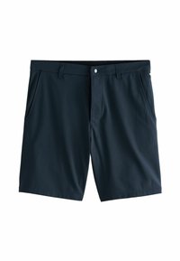 Marineblaue Shorts aus leichtem Stoff mit flachem Bund, zwei Seitentaschen und einem sicheren Knopfverschluss.