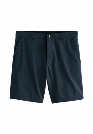 Shorts bleu marine en tissu léger, avec un devant plat, deux poches latérales et une fermeture à bouton sécurisée.