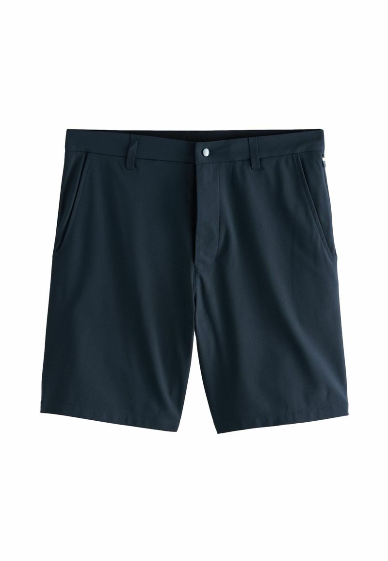 Marineblaue Shorts aus leichtem Stoff mit flachem Bund, zwei Seitentaschen und einem sicheren Knopfverschluss.