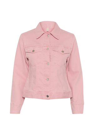Pink denim jacket with a collared neck, long sleeves, two front pockets, and silver button details. Fitted cut with slight stretch.