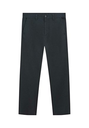 Dark gray pants made of cotton with a straight leg design, front pockets, and a button closure. Simple and classic style without patterns.