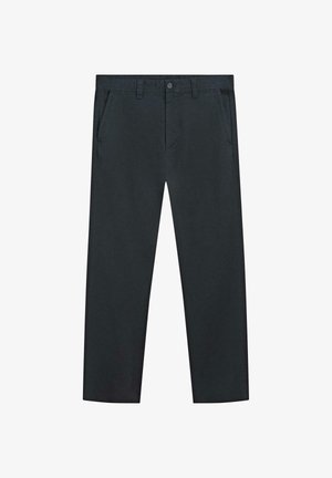 Dark gray pants made of cotton with a straight leg design, front pockets, and a button closure. Simple and classic style without patterns.