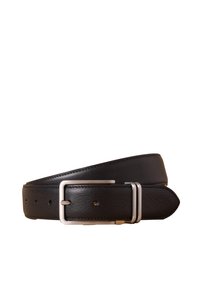 Black leather belt featuring a smooth texture, with a silver metal buckle and multiple holes for adjustment. Simple design with clean lines.
