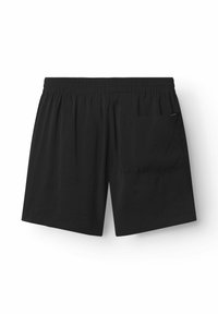 Schwarze Badehosen mit einem elastischen Bund, einer einzelnen Gesäßtasche und einem leichten Stoff. Einfaches Design und Beinlänge bis zur Mitte des Oberschenkels.