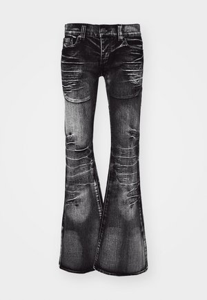 Jean en denim noir délavé avec une taille haute, des poches avant, des détails usés et des jambes évasées larges.