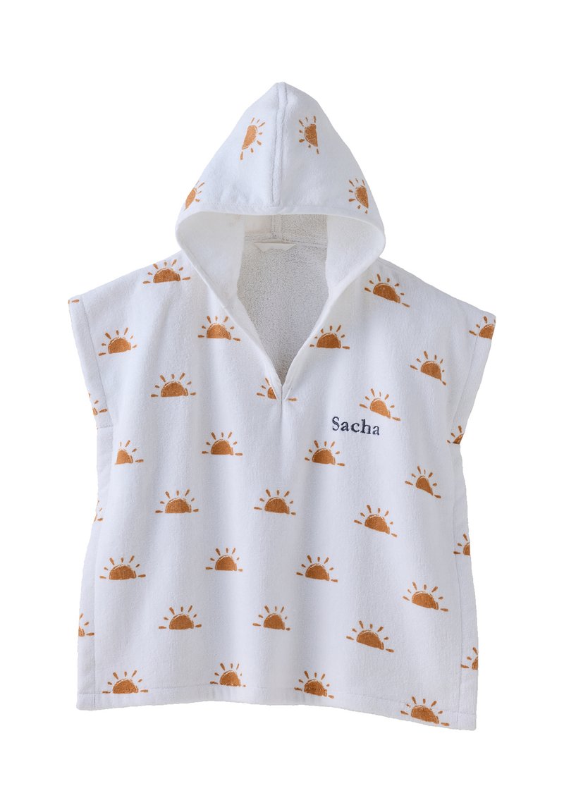 White hooded poncho with terrycloth texture, featuring orange sun patterns and embroidered name "Sacha" on the front.