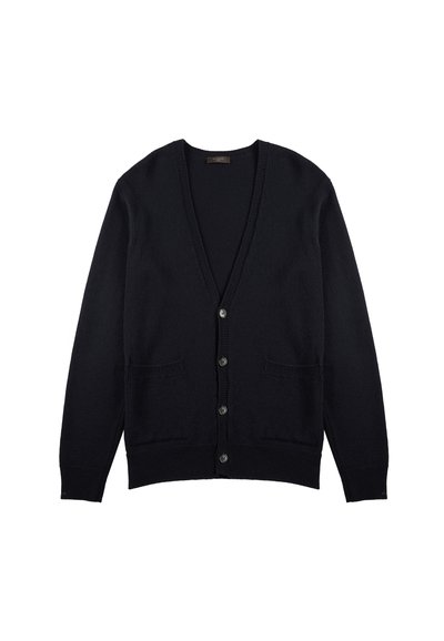Cardigan en tricot noir avec un col en V, fermeture à six boutons, deux poches avant et des poignets et un ourlet côtelés. Texture douce, poids modéré.
