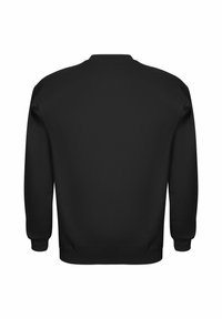 Sort sweatshirt med rund halsudskæring, lange ærmer, ribbede manchetter og kant. Den har en glat tekstur og ingen synlig branding eller mønstre.