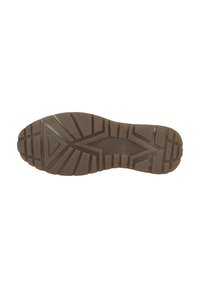 Suola di scarpa in gomma con una finitura marrone e texture. Presenta un motivo a zigzag e scanalature angolate per una migliore trazione.