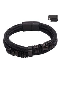 Black braided leather bracelet featuring smooth and textured metal accents, a magnetic clasp, and rounded decorative beads.