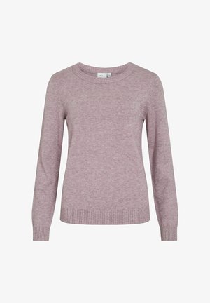 Hellrosa gestrickter Pullover mit rundem Halsausschnitt, langen Ärmeln und geripptem Saum an den Bündchen und am unteren Ende. Weiche Textur, minimalistisches Design.