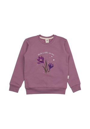 Lila Sweatshirt mit langen Ärmeln, rundem Halsausschnitt und puffartigem Blumendesign in lila Tönen. Verfügt über gerippte Bündchen und Saum.