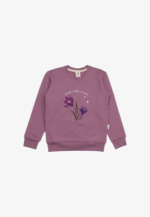 Lavender sweatshirt with long sleeves, round neckline, and puff floral design in purple shades. Features ribbed cuffs and hem.