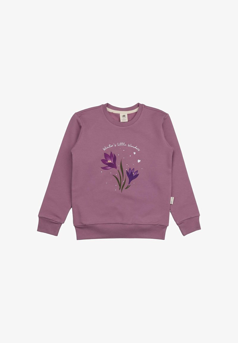 Lila Sweatshirt mit langen Ärmeln, rundem Halsausschnitt und puffartigem Blumendesign in lila Tönen. Verfügt über gerippte Bündchen und Saum.