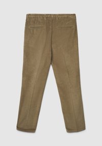 Braune Cord-Hose mit geradem Bein, ausgestattet mit einem strukturierten Stoff, vier Taschen und einem Bund mit Gürtelschlaufen.