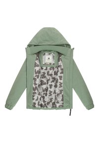 Light green hooded jacket with abstract patterned inner lining, front zipper, and elastic cuffs, laid flat with front open.