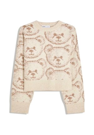 Beżowy sweter dzianinowy z wzorem dużych pikselowanych twarzy misiów w jasnobrązowym kolorze, z prążkowanymi mankietami i obszyciem.