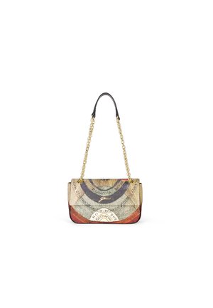 Handbag featuring a multi-colored printed design with intricate patterns, black leather strap, and gold chain hardware. Rectangular shape.