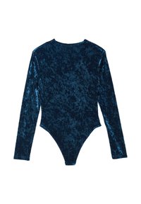 Bodysuit in velluto blu scuro con maniche lunghe, scollatura rotonda e fondo alto. La texture appare morbida e liscia con una leggera lucentezza.