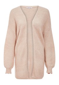 Ljust rosa stickad cardigan med öppen framtill, lös passform och ribbad textur. Har långa ärmar med samlade ärmslut och en mjuk yta.