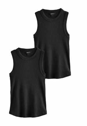 Two black sleeveless ribbed knit tops with round necklines, displayed flat against a white background.