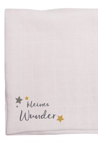 Weiche, strukturierte, blassrosa Decke mit einem Gittermuster. Enthält den Text "Kleines Wunder" sowie graue und goldene Sternelemente.