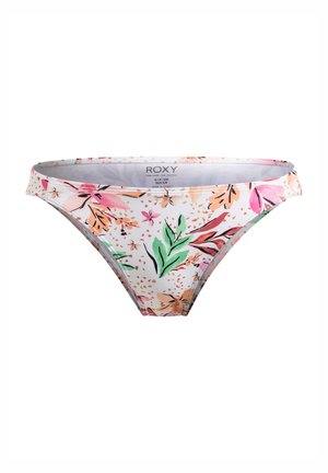 Bloemmotief bikini onderkant met een roze, groene en oranje patroon. Gemaakt van zachte stof, met een lage taille en smalle zijkanten. Roxy merk binnenin.