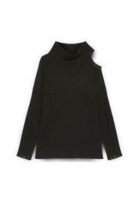 Maglione nero a maglia con collo a cowl e texture a coste. Presenta spalle scoperte e dettagli in hardware argentato sulle maniche.