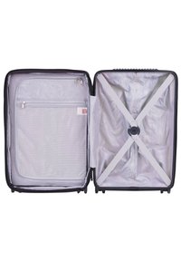 Black suitcase with a zippered compartment and gray interior. Features elastic straps for securing contents, smooth lining, and mesh pocket.