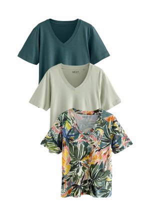 Three V-neck t-shirts: one teal, one light green, and one floral print with vibrant colors and tropical leaf patterns, all with short sleeves.