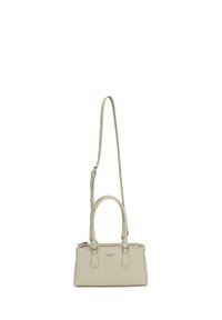 Petit sac à main rectangulaire beige avec double poignée supérieure et bandoulière longue réglable, fermeture éclair et un logo discret de la marque sur le devant.