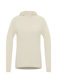 Helle beige langärmelige Kapuzenjacke aus weichem, atmungsaktivem Material. Verfügt über eine abgerundete Kapuze, ein Logo auf der Brust und eine taillierte Passform.