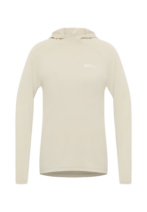 Lichtbeige hoodie met lange mouwen, gemaakt van een zachte, ademende stof. Beschikt over een ronde capuchon, een logo op de borst en een aansluitend ontwerp.