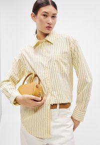 Gaiši dzeltena svītraina krekls ar garām piedurknēm, priekšā kabata, kopā ar mazu gaiši brūnu rokassomiņu un saskanīgu gaiši brūnu jostu. Izskatu papildina balti bikses.