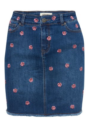 Denim skirt, blue with pink floral embroidery. Features a frayed hem and traditional five-pocket design. Button closure at the waist.