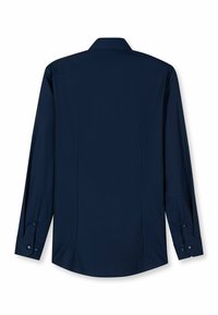 Marineblaues Langarmhemd mit klassischem Kragen, geknöpften Manschetten und glatter Textur, ausgestattet mit einem Rückenteil und dezenten Nahtdetails.