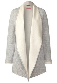 Texturerad grå kofta med krämfärgad krage, öppet fram och trekvartsärmar. Har ett diamantmönster och mjukt tyg.