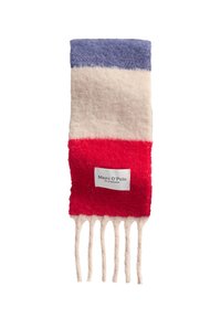 Wollen sjaal met horizontale strepen in blauw, crème en rood met franjes aan de randen. Label op het crèmekleurige gedeelte met de tekst "Marc O'Polo." Zachte textuur.