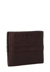 Brown leather wallet with a smooth texture, featuring a simple design, double stitching, and two card slots on one side.