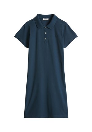 Marineblauwe polo-jurk met korte mouwen, kraag en knoopsluiting met drie knopen, casual stijl en rechte snit.