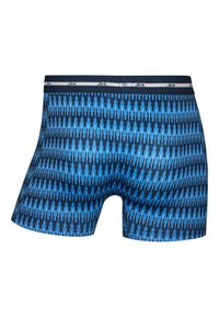 Blue patterned boxer shorts featuring a mix of light and dark blue zigzag designs, with a contrasting black waistband displaying "jbs."