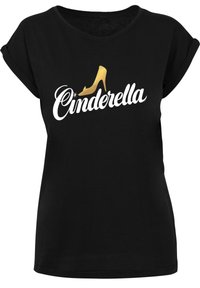 Juodas trumpomis rankovėmis marškinėliai su baltais užrašais "Cinderella" ir auksiniu aukštakulniu bateliu grafika. Minkšta medžiaga ir laisvas kirpimas.