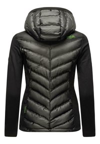 Black padded jacket with a chevron pattern on the front, a soft black fabric on the sides and sleeves, and a puffy hood. Green logo accent.