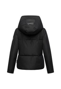 Black padded jacket with a hood. Features a smooth, shiny texture and a label on the upper back. Long sleeves and a fitted hem.