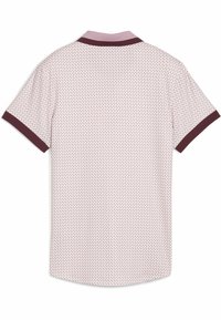 Kurzarm-Poloshirt in Hellrosa mit geometrischem Muster, bordeauxfarbenem Kragen und passendem Ärmelrand. Weicher Stoff mit klassischer Passform.