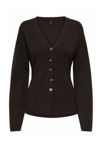 Brązowy sweter rozpinany na guziki, z dzianiny, z dekoltem w serek, długimi rękawami i siedmioma guzikami z przodu ułożonymi w rzędzie. Gładka tekstura i luźny krój.