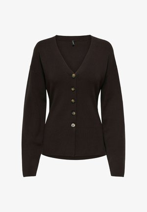 Bruine gebreide cardigan met een V-hals, lange mouwen en zeven knopen aan de voorkant in één rij. Gladde textuur en een ontwerp met een ontspannen pasvorm.