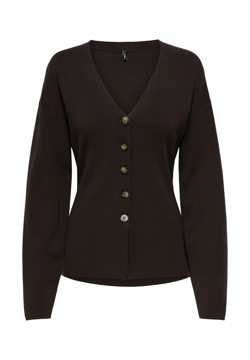 Brązowy sweter rozpinany na guziki, z dzianiny, z dekoltem w serek, długimi rękawami i siedmioma guzikami z przodu ułożonymi w rzędzie. Gładka tekstura i luźny krój.