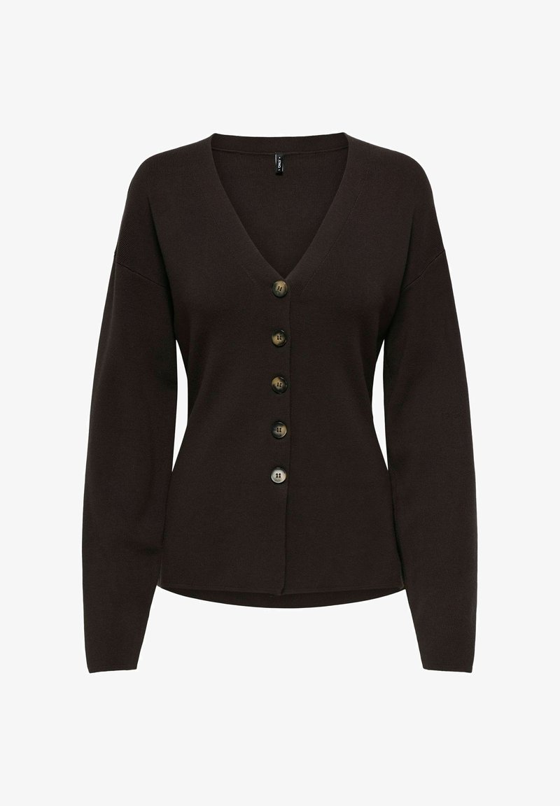 Brązowy sweter rozpinany na guziki, z dzianiny, z dekoltem w serek, długimi rękawami i siedmioma guzikami z przodu ułożonymi w rzędzie. Gładka tekstura i luźny krój.