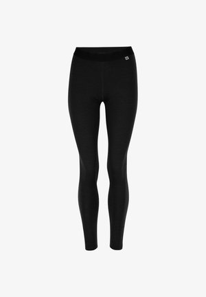 Schwarze Leggings aus einem glatten, dehnbaren Stoff; hoher Taillenbund; eng geschnittenes Design; keine sichtbaren Nähte oder Muster.